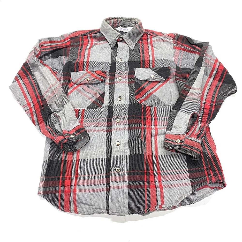 Vintage Five Brother Flannel Shirt Heavy Cotton Red/Black Plaid Size Medium USA